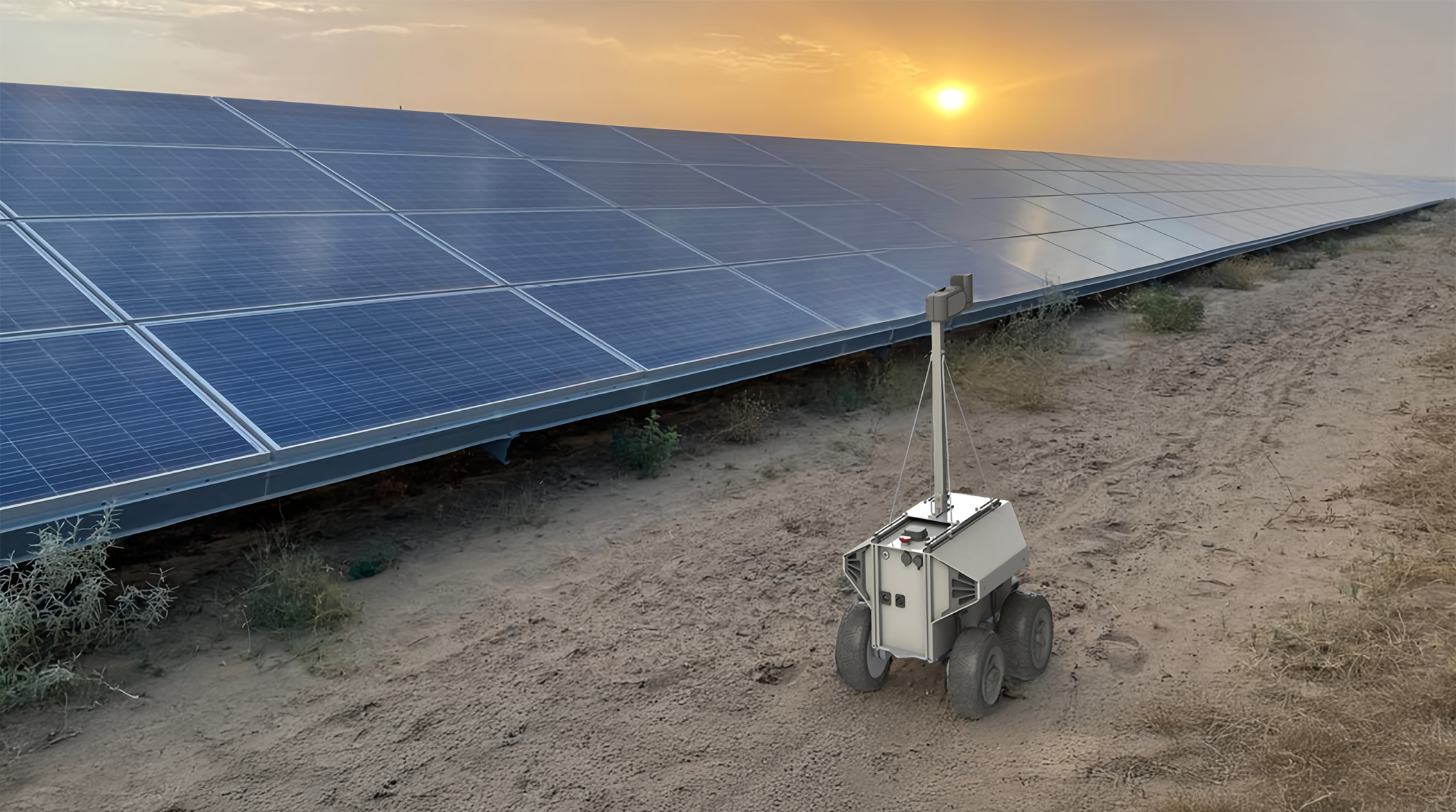 Solar farm with robot at sunset